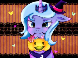 Size: 1600x1200 | Tagged: source needed, useless source url, safe, artist:hosikawa, princess luna, alicorn, pony, g4, abstract background, bust, female, hat, mouth hold, nightmare night, pixiv, pumpkin bucket, s1 luna, solo, tiny hat, witch hat