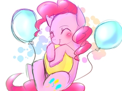 Size: 800x600 | Tagged: safe, artist:hosikawa, pinkie pie, earth pony, pony, g4, ^^, balloon, balloon hug, eyes closed, female, hug, pixiv, smiling, solo, that pony sure does love balloons