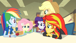 Size: 1366x768 | Tagged: safe, screencap, applejack, fluttershy, rainbow dash, rarity, sunset shimmer, equestria girls, g4, my little pony equestria girls: rainbow rocks, apple, female, food, frown, sad, scared, sunsad shimmer, upset