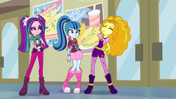 Size: 1366x768 | Tagged: safe, screencap, adagio dazzle, aria blaze, sonata dusk, equestria girls, g4, my little pony equestria girls: rainbow rocks, crossed arms, eyebrows, poster, show off, the dazzlings, unamused