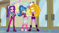 Size: 1366x768 | Tagged: safe, screencap, adagio dazzle, aria blaze, sonata dusk, equestria girls, g4, my little pony equestria girls: rainbow rocks, crossed arms, eyebrows, looking down, poster, the dazzlings, unamused