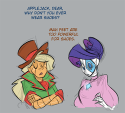 Size: 500x451 | Tagged: safe, artist:egophiliac, applejack, rarity, robot, steamquestria, g4, artificial intelligence, barefoot, clothes, duo, gray background, hat, humanized, simple background, steampunk