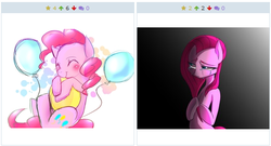 Size: 512x277 | Tagged: safe, pinkie pie, derpibooru, g4, balloon, exploitable meme, juxtaposition, juxtaposition win, meme, meta, pinkamena diane pie, sad