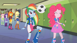 Size: 1366x768 | Tagged: safe, screencap, applejack, fluttershy, pinkie pie, rainbow dash, rarity, sunset shimmer, equestria girls, g4, my little pony equestria girls: rainbow rocks, boots, bouncing, female, football, frown, hall, high heel boots, humane five, humane six, jumping, mane six