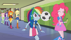 Size: 1366x768 | Tagged: safe, screencap, applejack, fluttershy, pinkie pie, rainbow dash, rarity, sunset shimmer, equestria girls, g4, my little pony equestria girls: rainbow rocks, balloon, boots, bouncing, bracelet, clothes, cowboy boots, female, football, frown, hall, high heel boots, humane five, humane six, jewelry, jumping, mane six, skirt