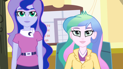 Size: 1366x768 | Tagged: safe, screencap, princess celestia, princess luna, principal celestia, vice principal luna, equestria girls, g4, my little pony equestria girls: rainbow rocks, celestia's office, clothes, cutie mark, cutie mark accessory, cutie mark on clothes, green eyes, possessed