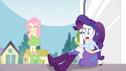 Size: 1366x768 | Tagged: safe, screencap, fluttershy, rarity, equestria girls, g4, my little pony equestria girls: rainbow rocks, boots, bracelet, clothes, female, high heel boots, jewelry, nail polish, shocked, skirt