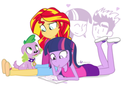 Size: 1100x750 | Tagged: safe, artist:dm29, flash sentry, spike, sunset shimmer, twilight sparkle, dog, equestria girls, g4, book, clothes, diary, doodle, feet, flip-flops, heart, implied flashlight, implied shipping, implied straight, pen, sandals, simple background, slippers, spike the dog, transparent background, trio, twilight sparkle (alicorn)