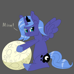 Size: 750x750 | Tagged: safe, artist:deusexequus, princess luna, g4, female, filly, fluffy, hug, looking at you, moon, pouting, s1 luna, simple background, sitting, solo, spread wings, tangible heavenly object, woona