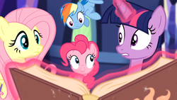 Size: 1366x768 | Tagged: safe, screencap, fluttershy, pinkie pie, rainbow dash, twilight sparkle, pony, equestria girls, g4, my little pony equestria girls: rainbow rocks, book, female, journey book, levitation, twilight sparkle (alicorn), worried