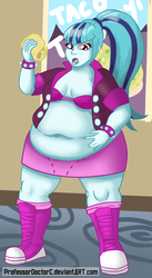 Size: 1958x3581 | Tagged: safe, artist:professordoctorc, sonata dusk, equestria girls, rainbow rocks, bbw, belly, belly button, breasts, cleavage, fat, female, muffin top, ponytail, saggy, solo, sonataco, sonatubby, spiked wristband, taco, taco tuesday, that girl sure loves tacos, weight gain, wristband