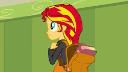 Size: 474x266 | Tagged: safe, screencap, apple bloom, scootaloo, sunset shimmer, sweetie belle, equestria girls, g4, my little pony equestria girls: rainbow rocks, animated, backpack, book, boots, cutie mark crusaders, female, gif, journey book, shoes