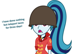 Size: 2423x1834 | Tagged: safe, artist:zacatron94, sonata dusk, unicorn, equestria girls, g4, crossover, expiration date, female, helmet, simple background, soldier, soldier (tf2), solo, sonataco, taco, team fortress 2, that girl sure loves tacos, that siren sure does love tacos, transparent background