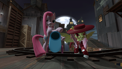Size: 1366x768 | Tagged: safe, artist:juu50x, fluttershy, pinkie pie, earth pony, pegasus, pony, g4, 3d, alucard, alushy, bitches love cannons, clothes, costume, crossover, female, flutterbat, gmod, hellsing, lesbian, map, nightmare night, party cannon, pinkamena diane pie, ship:flutterpie, shipping, straight hair, team fortress 2