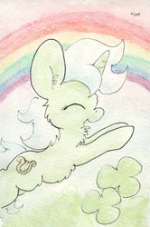 Size: 684x1030 | Tagged: safe, artist:slightlyshade, lyra heartstrings, pony, unicorn, g4, clover, female, mare, rainbow, solo, traditional art