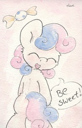 Size: 670x1043 | Tagged: safe, artist:slightlyshade, bon bon, sweetie drops, g4, candy, eyes closed, female, open mouth, solo, speech bubble, traditional art