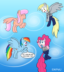 Size: 886x1000 | Tagged: safe, artist:empyu, derpy hooves, pinkie pie, rainbow dash, pegasus, pony, g4, female, flying, in which pinkie pie forgets how to gravity, mare, mime, pantomime, pinkie being pinkie, pinkie physics