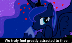 Size: 1600x973 | Tagged: safe, princess luna, alicorn, pony, g4, bronybait, caption, cs captions, female, heart, looking away, love, mare, shy, smiling, solo