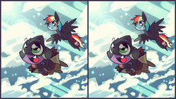 Size: 1280x720 | Tagged: safe, artist:panyang-panyang, rainbow dash, spike, g4, clothes, costume, flying, how to train your dragon