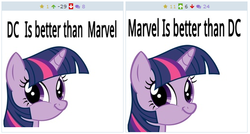 Size: 516x276 | Tagged: safe, twilight sparkle, derpibooru, g4, dc comics, exploitable meme, juxtaposition, juxtaposition win, marvel, meme, meta, paradox, some men just want to watch the world burn, twiface, wrong neighborhood