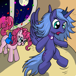 Size: 1024x1024 | Tagged: safe, artist:snus-kun, pinkie pie, princess luna, g4, confetti, flying, open mouth, s1 luna, scared, smiling, spread wings, surprised, wide eyes