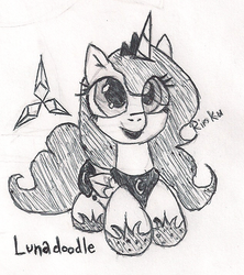 Size: 633x712 | Tagged: safe, artist:rinku, princess luna, lunadoodle, g4, cute, female, monochrome, prone, sketch, solo, traditional art