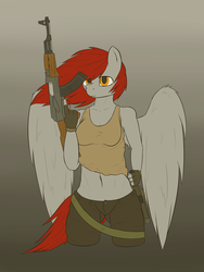 Size: 3000x4000 | Tagged: safe, artist:thermalcake, oc, oc only, oc:thermal cake, pegasus, anthro, ak-47, badass, belly button, clothes, female, gun, knife, midriff, rifle, shorts, solo, standing, tank top, trigger discipline