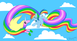 Size: 1859x1000 | Tagged: safe, artist:calicopikachu, rainbow dash, g4, adventure time, crossover, day, eyes closed, flying, lady rainicorn, male, rainicorn, sky