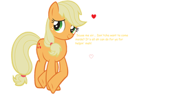 Size: 1726x974 | Tagged: safe, edit, applejack, g4, bronybait, cute, female, hatless, heart, jackabetes, looking at you, missing accessory, simple background, smiling, solo, white background