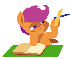 Size: 550x438 | Tagged: safe, artist:audrarius, scootaloo, g4, book, bored, female, pen, plane, ruler, solo