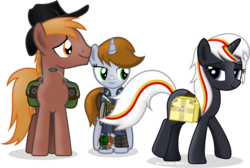 Size: 4252x2863 | Tagged: safe, artist:vector-brony, oc, oc only, oc:calamity, oc:littlepip, oc:velvet remedy, pegasus, pony, unicorn, fallout equestria, battle saddle, bedroom eyes, clothes, cowboy hat, dashite, eyes on the prize, fanfic, fanfic art, female, fluttershy medical saddlebag, gun, hat, hooves, horn, jumpsuit, lesbian, male, mare, medical saddlebag, pipbuck, rifle, saddle bag, show accurate, simple background, smiling, stallion, straight, transparent background, vault suit, velamity, weapon, wings