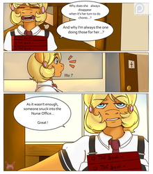 Size: 1500x1708 | Tagged: safe, artist:arnachy, ms. harshwhinny, anthro, g4, bible black, clothes, comic, dialogue, school uniform, schoolgirl