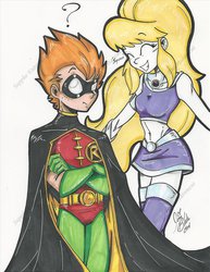 Size: 1024x1325 | Tagged: safe, artist:ponygoddess, danny williams, surprise, human, g1, belly button, cape, clothes, cosplay, humanized, mask, midriff, question mark, robin, scott menville, ship:dannyprise, squee, starfire, teen titans, voice actor joke, zettai ryouiki