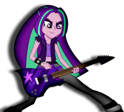 Size: 3702x3337 | Tagged: safe, artist:alexandru1208, aria blaze, equestria girls, g4, alternate clothes, alternate hairstyle, belly button, cleavage, face paint, female, guitar, high res, loose hair, midriff, rocking, solo