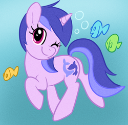 Size: 668x654 | Tagged: artist needed, safe, sea swirl, seafoam, fish, pony, unicorn, g4, bubble, female, looking at you, mare, solo, underwater, wink