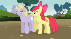 Size: 1199x666 | Tagged: safe, artist:ludiculouspegasus, apple bloom, dinky hooves, g4, comforting, cutie mark, older, sad