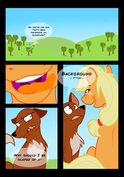 Size: 1500x2138 | Tagged: safe, artist:chubbyjam, applejack, fox, g4, comic, dialogue, imminent vore, kitchen eyes, licking lips