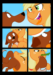 Size: 1500x2139 | Tagged: safe, artist:chubbyjam, applejack, oc, oc:tervicz the fox, earth pony, fox, pony, g4, comic, drool, eaten alive, female, fetish, licking, mare, tail sticking out, tongue out, vore