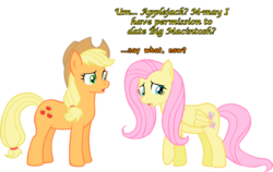 Size: 900x570 | Tagged: safe, artist:ludiculouspegasus, applejack, fluttershy, earth pony, pegasus, pony, g4, female, implied big macintosh, male, mare, ship:fluttermac, shipping, simple background, straight, transparent background
