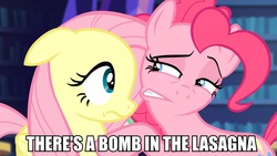 Size: 960x540 | Tagged: safe, edit, edited screencap, screencap, fluttershy, pinkie pie, equestria girls, g4, my little pony equestria girls: rainbow rocks, bomb, doug, female, floppy ears, image macro, lasagna, meme