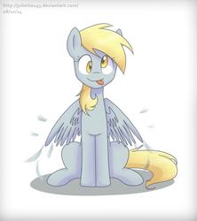 Size: 1024x1155 | Tagged: safe, artist:jayivee, derpy hooves, pegasus, pony, g4, :p, feather, female, looking at you, mare, simple background, sitting, solo, tongue out