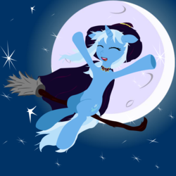 Size: 8000x8000 | Tagged: safe, artist:misterkaito, trixie, pony, unicorn, g4, absurd resolution, broom, eyes closed, female, flying, flying broomstick, full moon, hat, mare, moon, night, night sky, open mouth, sitting, smiling, stars, witch, witch hat