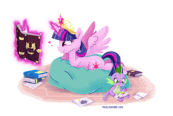 Size: 1000x670 | Tagged: safe, artist:rinzu, spike, twilight sparkle, alicorn, pony, g4, journal of the two sisters, beanbag, big crown thingy, book, bookhorse, cute, female, heart, mare, profile, prone, reading, twiabetes, twilight sparkle (alicorn)