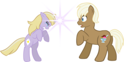 Size: 934x470 | Tagged: safe, artist:ludiculouspegasus, dinky hooves, lickety split, earth pony, pony, unicorn, g4, angry, duo, duo male and female, female, magic, male, mare, simple background, stallion, transparent background