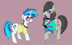 Size: 1280x793 | Tagged: safe, artist:susiebeeca, dj pon-3, octavia melody, vinyl scratch, g4, 80s, acne, glasses, headgear, makeup, younger