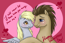 Size: 2000x1328 | Tagged: safe, artist:amenoo, derpy hooves, doctor whooves, time turner, pegasus, pony, g4, female, male, mare, ship:doctorderpy, shipping, straight, valentine, valentine's day