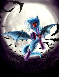 Size: 800x1035 | Tagged: safe, artist:d-lowell, trixie, alicorn, bat, bat pony, bat pony alicorn, pony, unicorn, vampire, g4, 2014, alicorn amulet, alicornified, bat ponified, bat wings, clothes, female, full moon, mare, moon, open mouth, race swap, socks, solo, spread wings, trixiebat, trixiecorn, wings