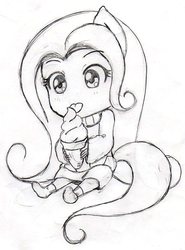 Size: 451x608 | Tagged: safe, artist:ev, fluttershy, human, g4, chibi, clothes, eared humanization, eating, female, humanized, ice cream, licking, sketch, solo, sweater, sweatershy, tailed humanization