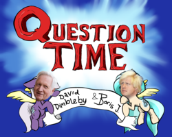 Size: 1280x1024 | Tagged: safe, oc, oc only, ask disastral, adventure time, banner, barely pony related, bbc, boris johnson, david dimbleby, male, pun, question time, reference, scroll