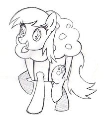 Size: 443x530 | Tagged: safe, artist:ev, derpy hooves, pony, g4, clothes, costume, derpy is a muffin, female, food, food costume, happy, muffin, muffin costume, sketch, smiling, solo